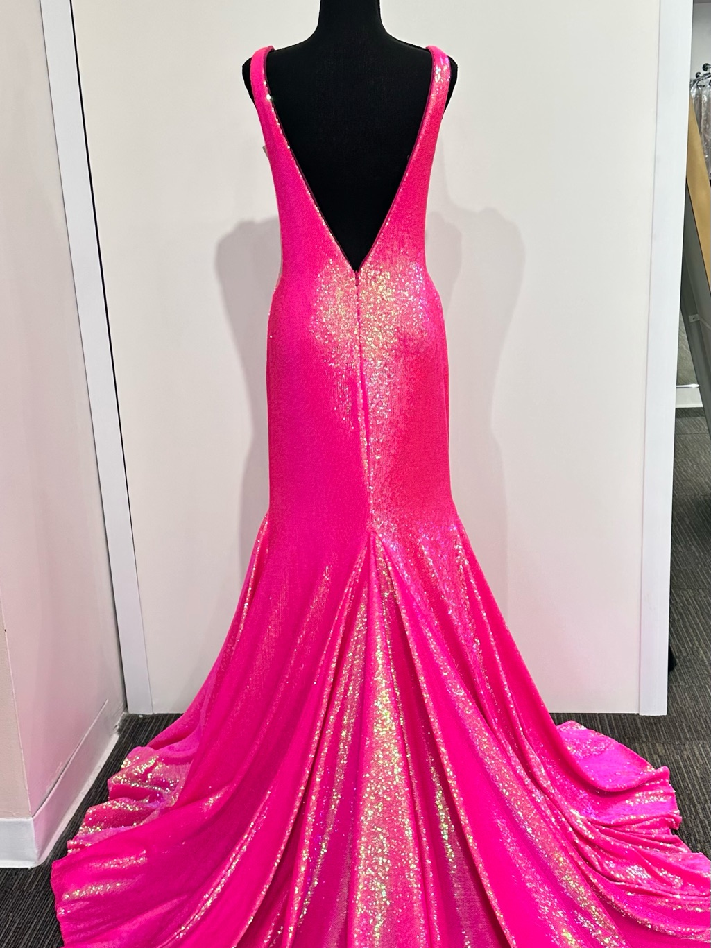 Hot Pink Sequin Mermaid Gown With Deep V Back